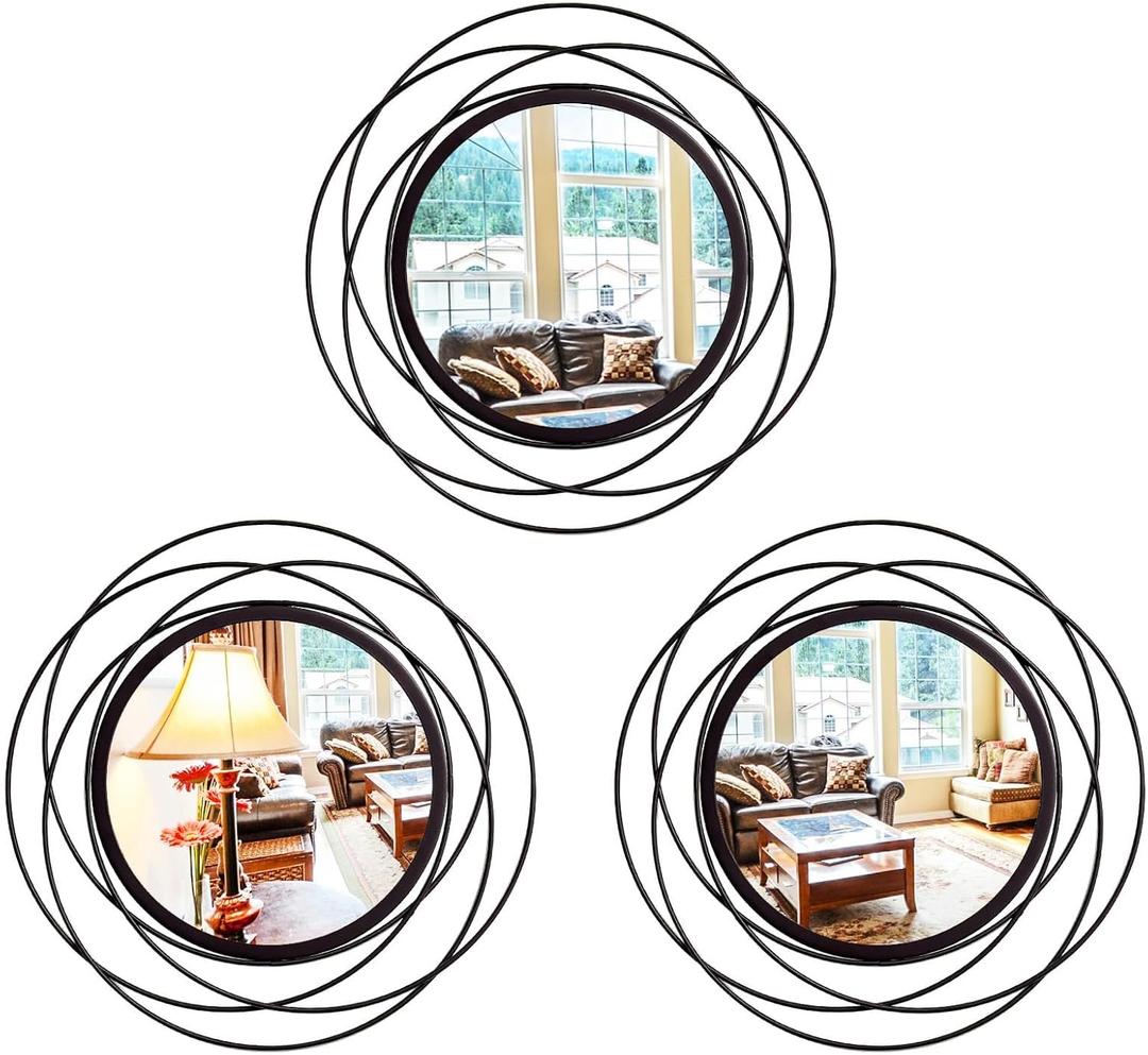 3 Set 9.5 Inch Black Circle Mirrors Wall Decor Iron Frame Wire Mirror Metal Circular Mirror Home Decor Hanging Mirrors for Room/ Bedroom/ Bathroom/ Entryway