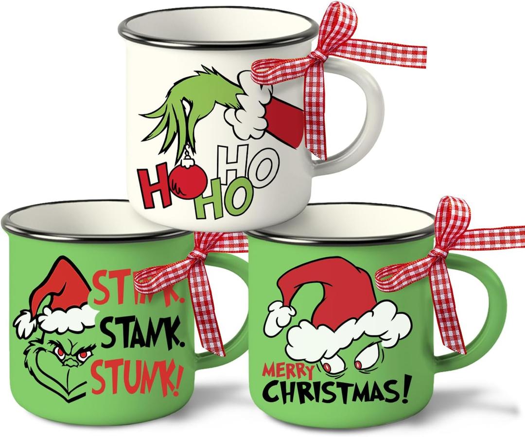 Merry Christmas Mini Coffee Mug Set of 3, Xmas Stink Stank Stunk Santa Hat Green 5 oz Mini Coffee Cups Tiered Tray Decor, Hohoho Funny Holiday Kitchen Coffee Bar Decorations Housewarming Gift