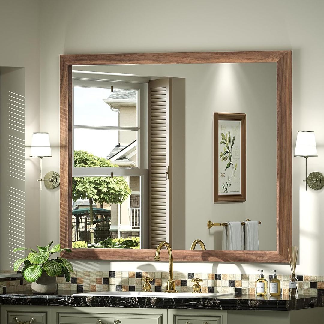 SMIROR 40 x 36 Inch Rustic Bathroom Mirror for Over Sink, Brown Walnut Metal Framed Farmhouse Rectangle Vanity Mirrors for Wall, Wooden Grain, Thick Frame, (Horizontally/Vertically) (40"L x 36"W)