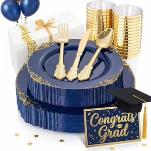 Nervure 175PCS Blue Plastic Plates - Blue Gold Plastic Dinnerware Set Disposable Include 50 Plates for Dinner and Dessert, 25Knives, 25Spoons, 25Forks, 25Cups, 25Napkins for Weddings & 4th of July (Navy)