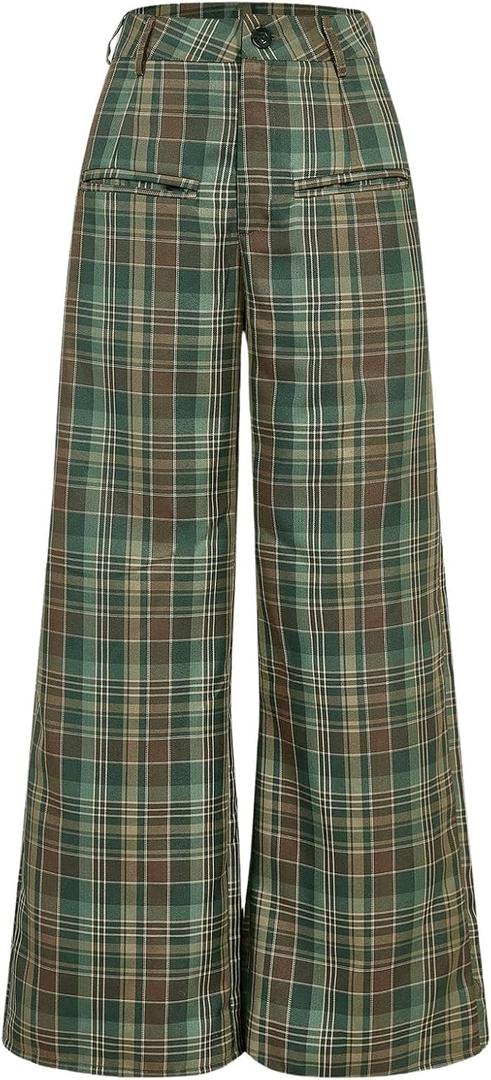 WDIRARA Women's Plaid Wide Leg Pants Casual High Waist Long Pants Trousers Multicolor X-Small