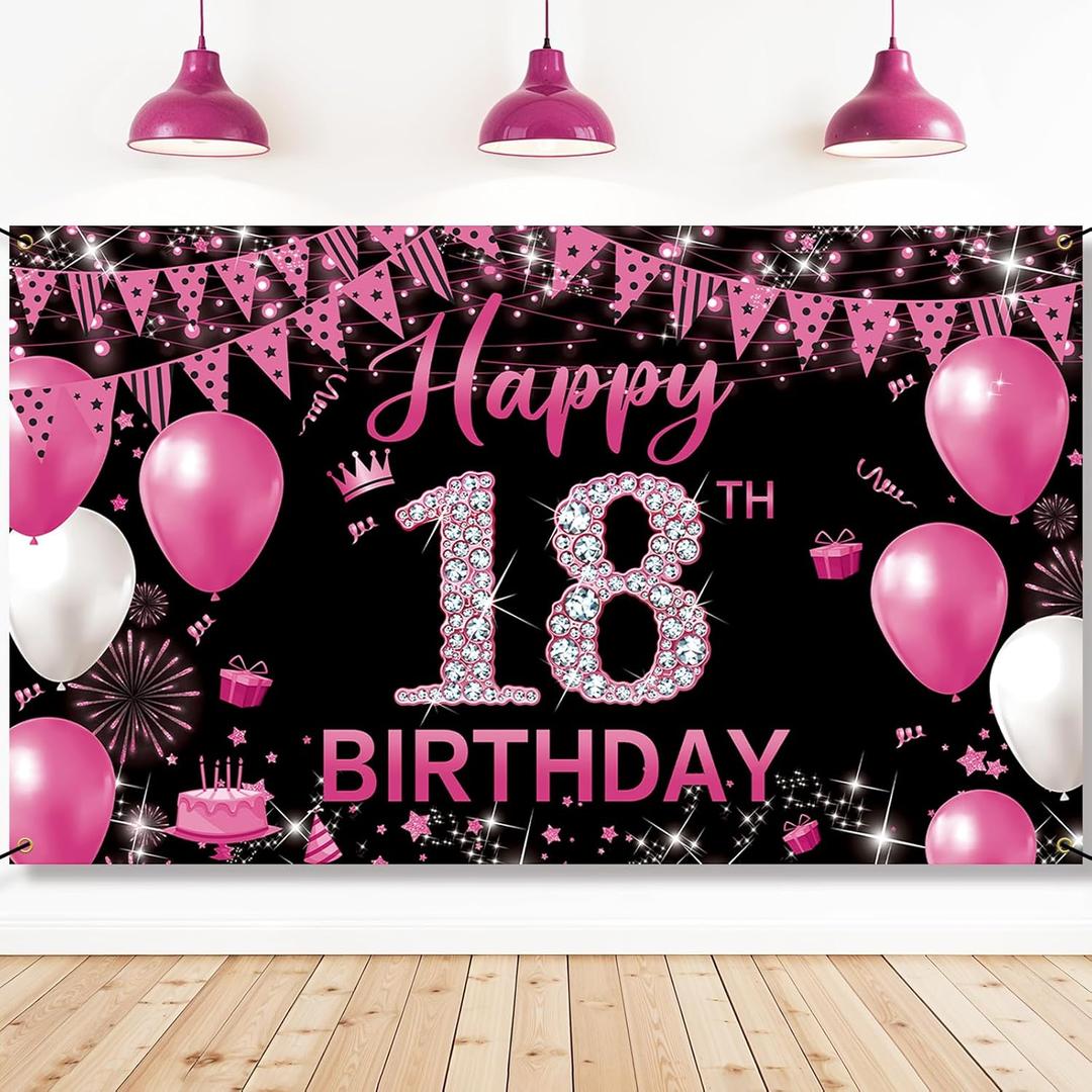 18th Birthday Decoration for Girls Hot Pink, Happy 18th Birthday Backdrop Banner, Fabric 18 Year Old Birthday Party Yard Sign Photo Booth Props Decor Supplies, Indoor Outdoor(6.1 x 3.6ft)