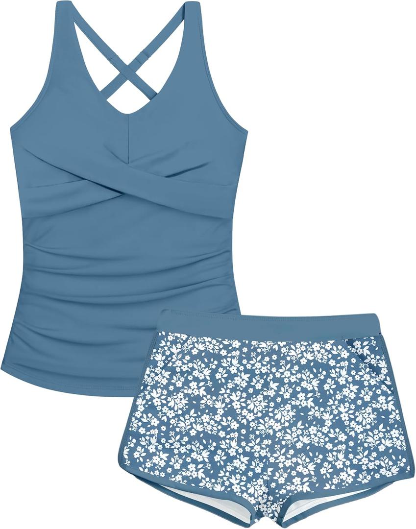 Girls Tankini Swimsuits 2 Piece Criss Cross Ruched Swimwear Printed Swim Shorts Girl Bathing Suit for 9-16 Years (Blue+floral Print)