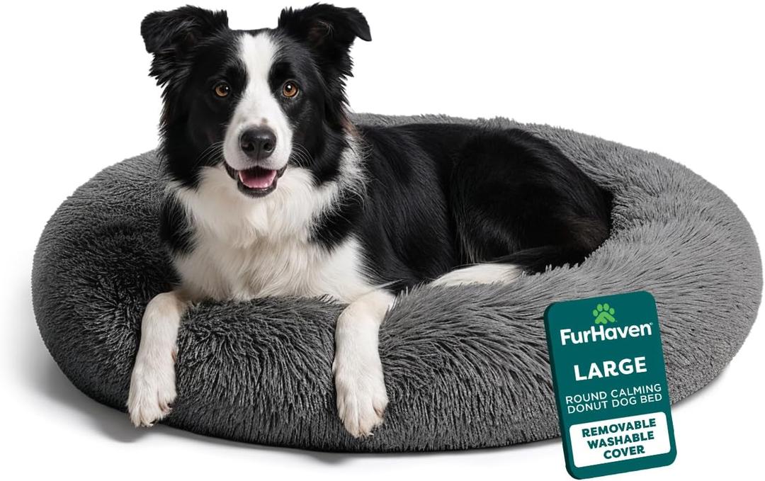 Furhaven 36" Round Calming Donut Dog Bed for Large/Medium Dogs, Refillable w/ Removable Washable Cover, For Dogs Up to 75 lbs - Shaggy Plush Long Faux Fur Donut Bed - Gray, Large
