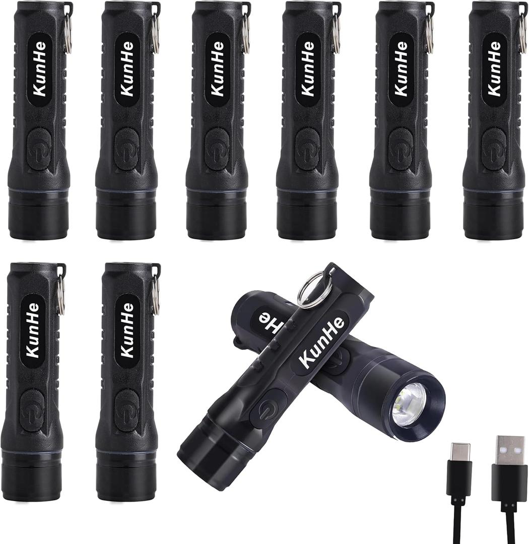 KunHe 10 Pack Bulk Keychain LED Flashlight Small Mini Rechargeable Flashlight Pocket Keychain Light Portable 300 Lumens for EDC Emergency Gift