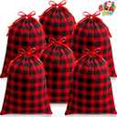 JOYIN 6 PCS Christmas Fabric Drawstring Gift Bag 19" x 14.5", Cotton Buffalo Plaid Sacks in Red and Black, Xmas Plaid Cloth Pouches for Presents Wrapping and Storage, Holiday Party Decor