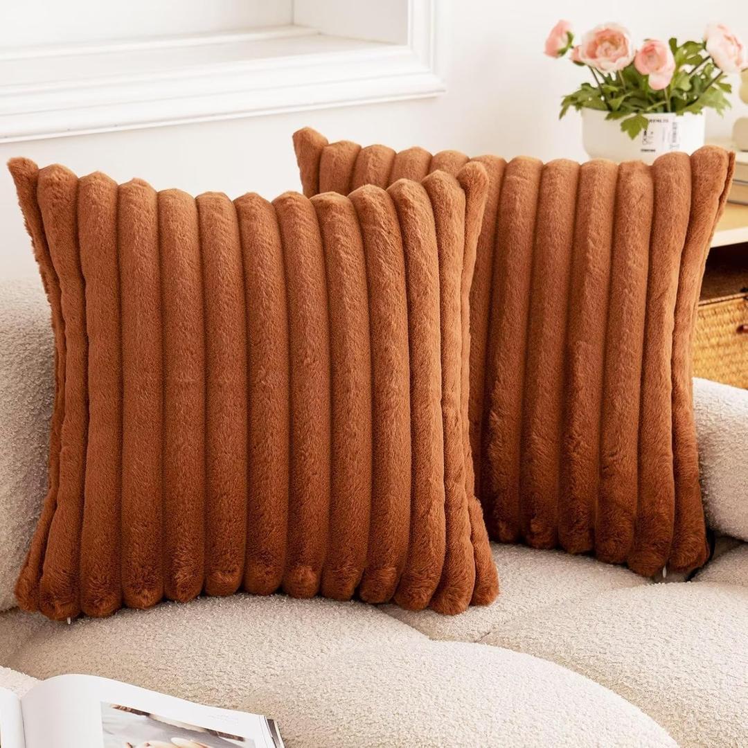 Double-Sided Faux Fur Plush Throw Pillow Covers 18x18 Set of 2 Fuzzy Striped Soft Cozy Pillowcase Luxury Decorative Pillows Square Shaggy Cushion Covers for Couch Sofa Bed, Brown