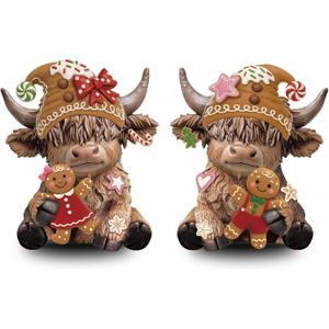 Karenhi 2 Pcs Highland Cow Figurines Christmas Gingerbread Man Highland Cow Gnomes Scottish Resin Statue Calf Lovers Gifts for Xmas Home Garden Kitchen Office Tiered Tray Table Decor