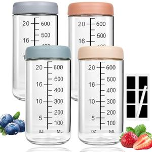 4-pack 25oz Glass jars with Airtight Lids & Label, Overnight Oats Jars Containers with 750ml Scale, Wide Mouth Mason Salad Jars, Glass Food Storage Containers for Snacks Yogurt Spice Sugar
