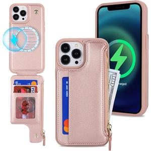 Lipvina for iPhone 15 Magsafe Case with Card Holder,Wallet Phone Case for Men Women,Zipper PU Leather Cover,Snap Clasp,Purse Gift for iPhone 15 6.1" (Beige)