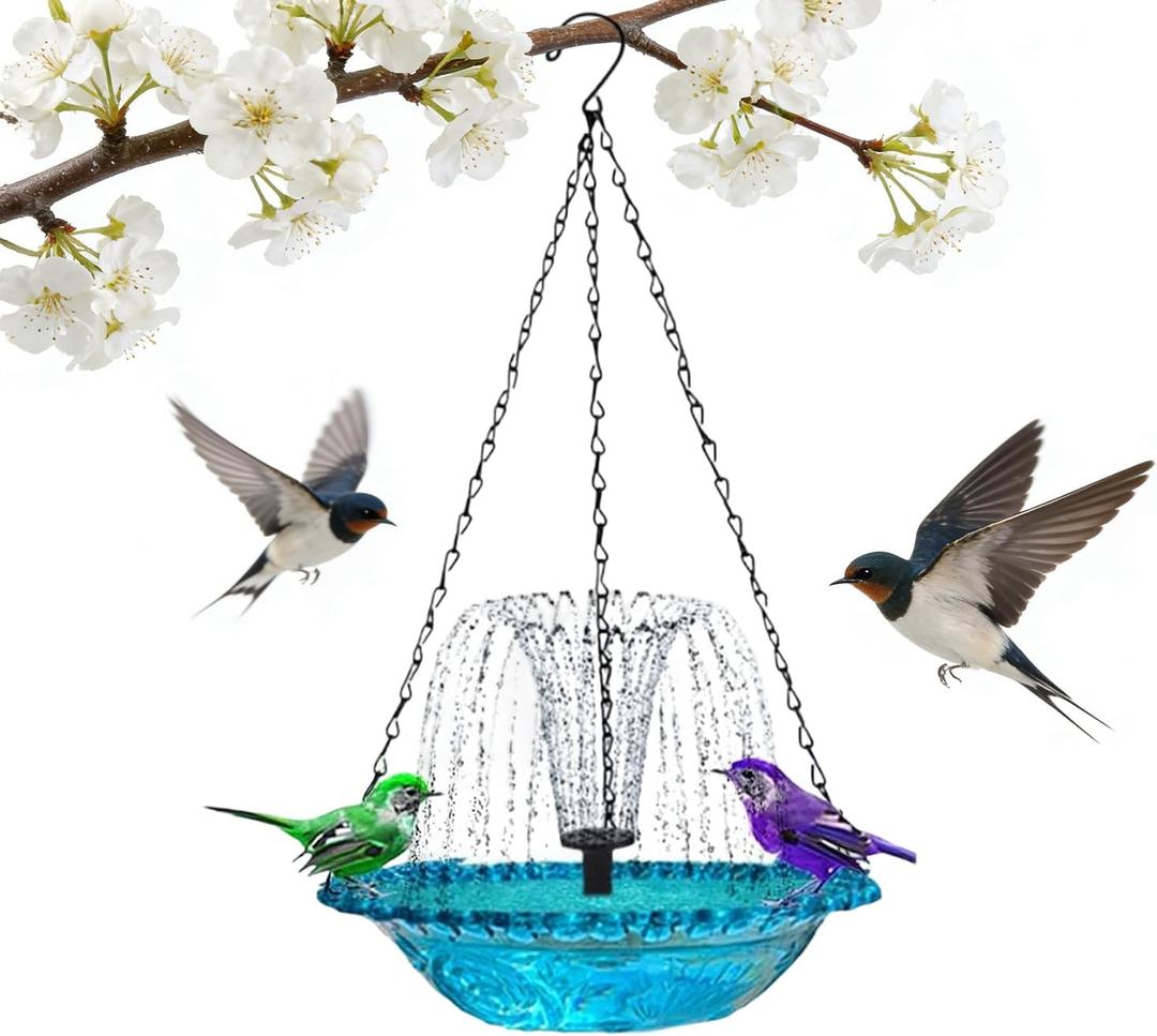 Hanging Bird Bath Fountain, Cascading Outdoor Birdbath with Glass Bowl, USB-Powered Water Feature for Garden, Patio, Yard Decor, Attracts Hummingbirds & Wild Birds