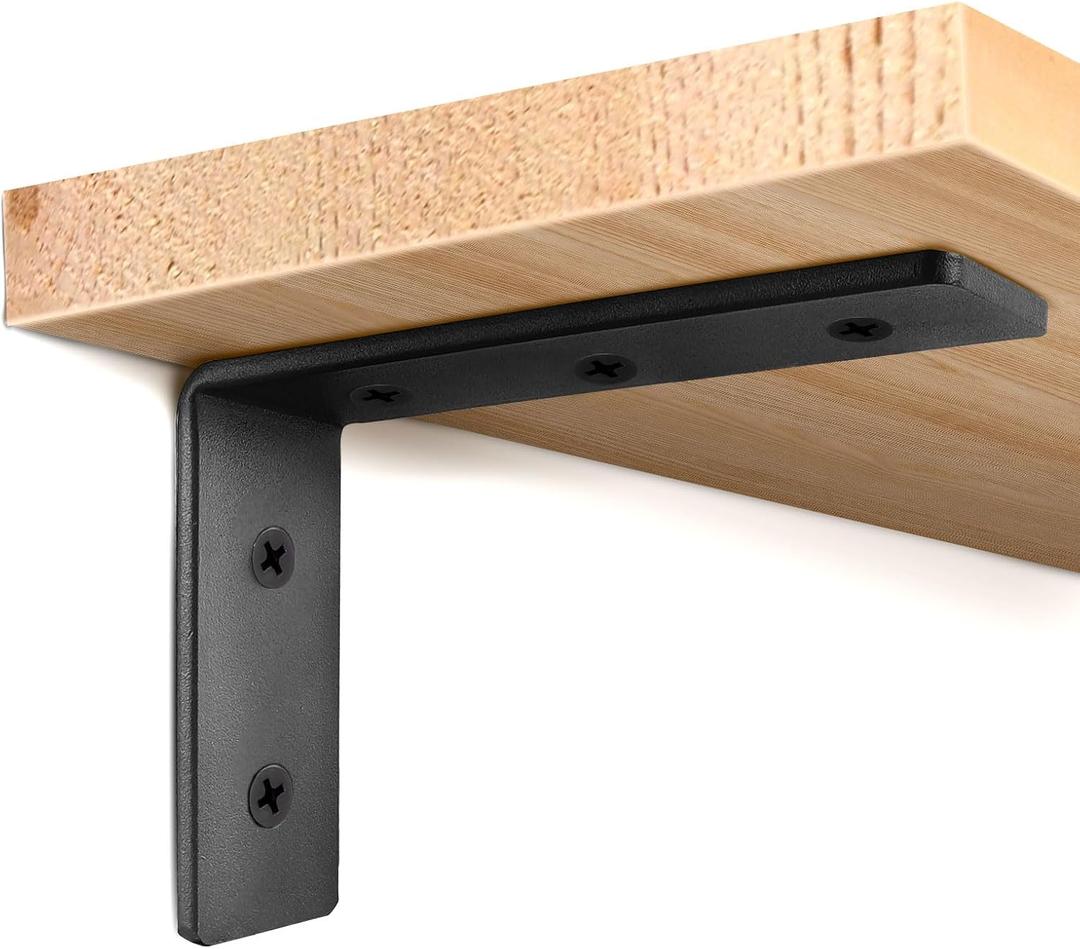 4 Pack Heavy Duty Floating Shelf Brackets, Black Metal L Wall Brackets, DIY Industrial Shelf Brackets - L10 x H 6" x W 1.6" ( 1/5 Inch Thicked )