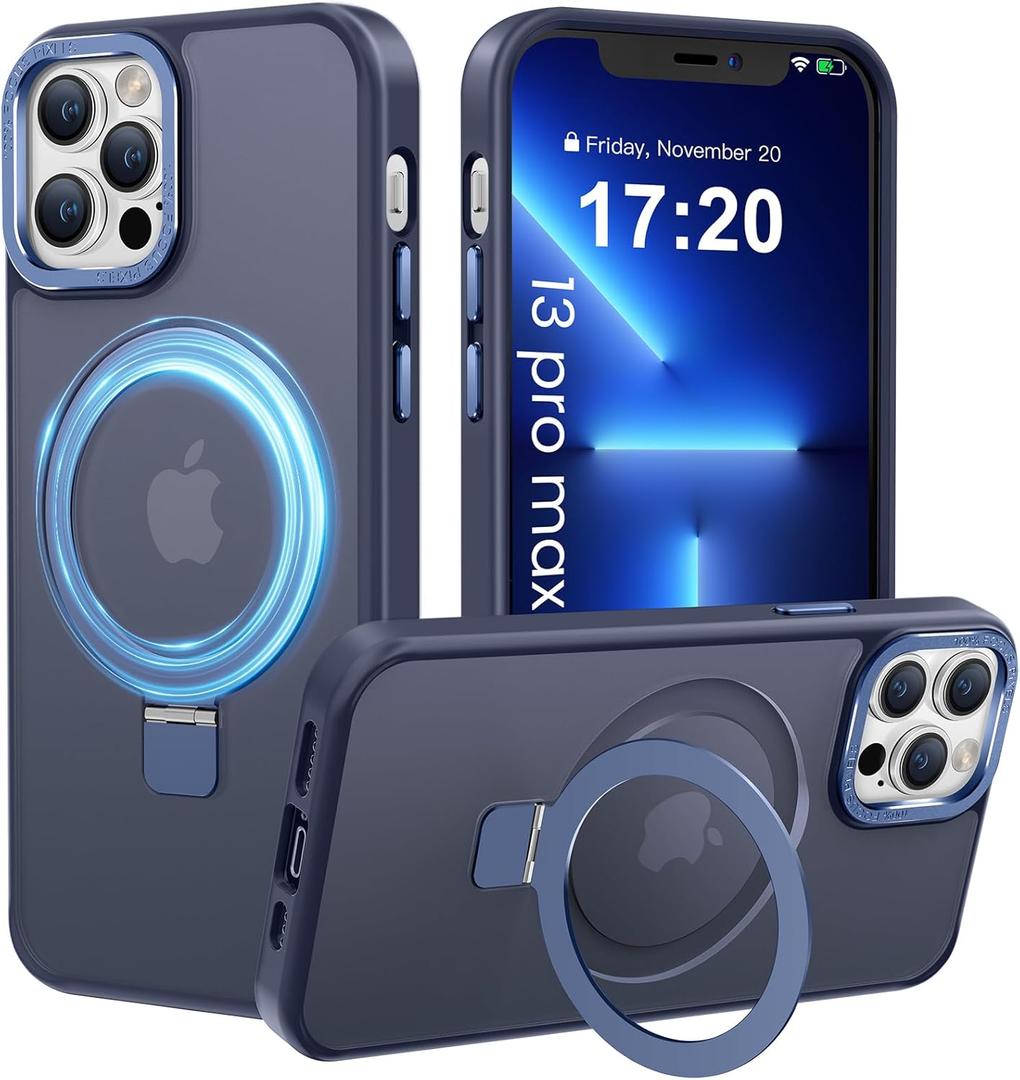 Compatible with iPhone 13 pro max Case with Magnetic Ring Stand, Military Drop Protection, Anti-Scratch/Anti-Fingerprint Translucent Matte Phone Case for iPhone 13 pro max (Dark Blue)