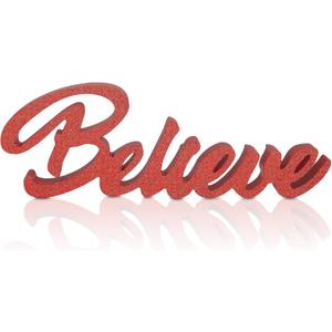 Weysat Believe Freestanding Cutout Wood Block Red Glitter Believe Sign Decorative Art Tabletop Wooden Letters Sign for Home Decoration Living Room Christmas Kitchen Family Bedroom Hall Decor