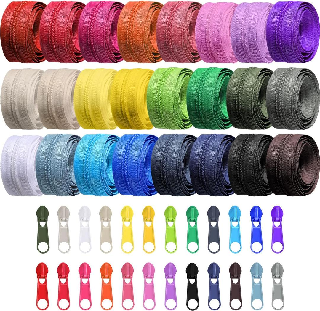 Syhood 24 Colors Zipper Repair Kit, #5 Nylon Coil Sewing Zippers Sewing Supplies Zipper Tape Zippers by The Yard with 96 Pcs Zip Pulls Sliders Purse Hardware for Bags Making(24yard,Colorful)