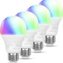 Amazon Basics Smart A19 LED Light Bulb, Color Changing, 9W (60W Equivalent), 800LM, Works with Alexa Only, 2.4 GHz Wi-Fi, No Hub Required, Energy Saving, 4-Pack