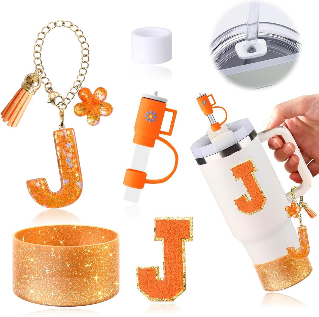 Stanley Cup Accessories Set Of 6 PCS, Including Letter Stickers, Letter Chains, Straw Caps, Cup Sleeves, And Spill Proof Stoppers, Orange, 30 Oz 40 Oz, Water Bottle Carrier Set(Cup Not Included)