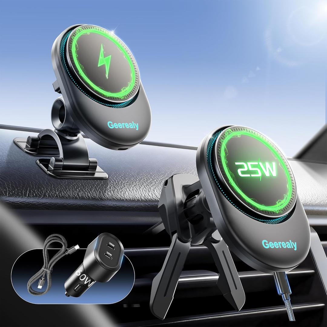 25W Magnetic Wireless Car Charger with Cooling Fan, MagSafe Car Mount Charger, Dashboard & Vent Attachment Phone Holder, 25W Fast Charging Car Cooling Phone Mount for iPhone 17/16, S26 Ultra