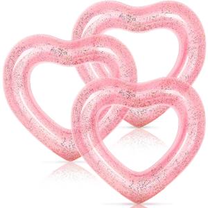 Whaline 3Pcs Inflatable Heart Pool Float Swim Heart Shaped Pool Rings Float Loungers Tube for Summer Swimming Pool Beach Bachelorette Party (47.3x39.4inch, Glitter Rose Gold)