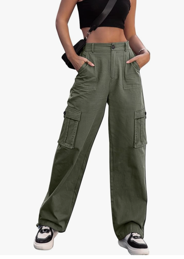ZMPSIISA Women High Waisted Cargo Pants Wide Leg Casual Pants 6 Pockets Combat Military Trousers S