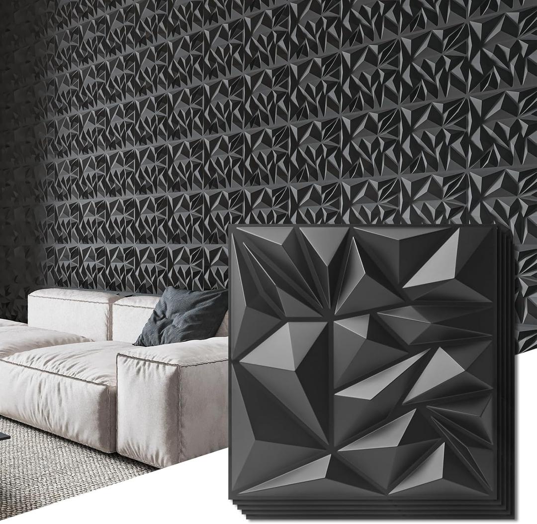 Art3d 50-Pack 3D Wall Panels for Interior Wall Decor, Modern Diamond Textured Accent Wall Paneling for Gaming Living Room TV Wall Background, 12 x 12 inch Black