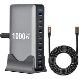 1000W 10-Port GaN 4 Desktop Charging Station with 240W 6.6 ft Data Cable - Compatible with Tablets, Phones, Laptops, Gaming Consoles, Headphones