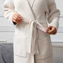 MH MYLUNE HOME Ultra Soft Robe With Pockets, Spa Bathrobe Loungewear Calf-Length, Plush Fuzzy Fluffy Wrap Robe for Women (1, Hooded Ribbed Taupe)