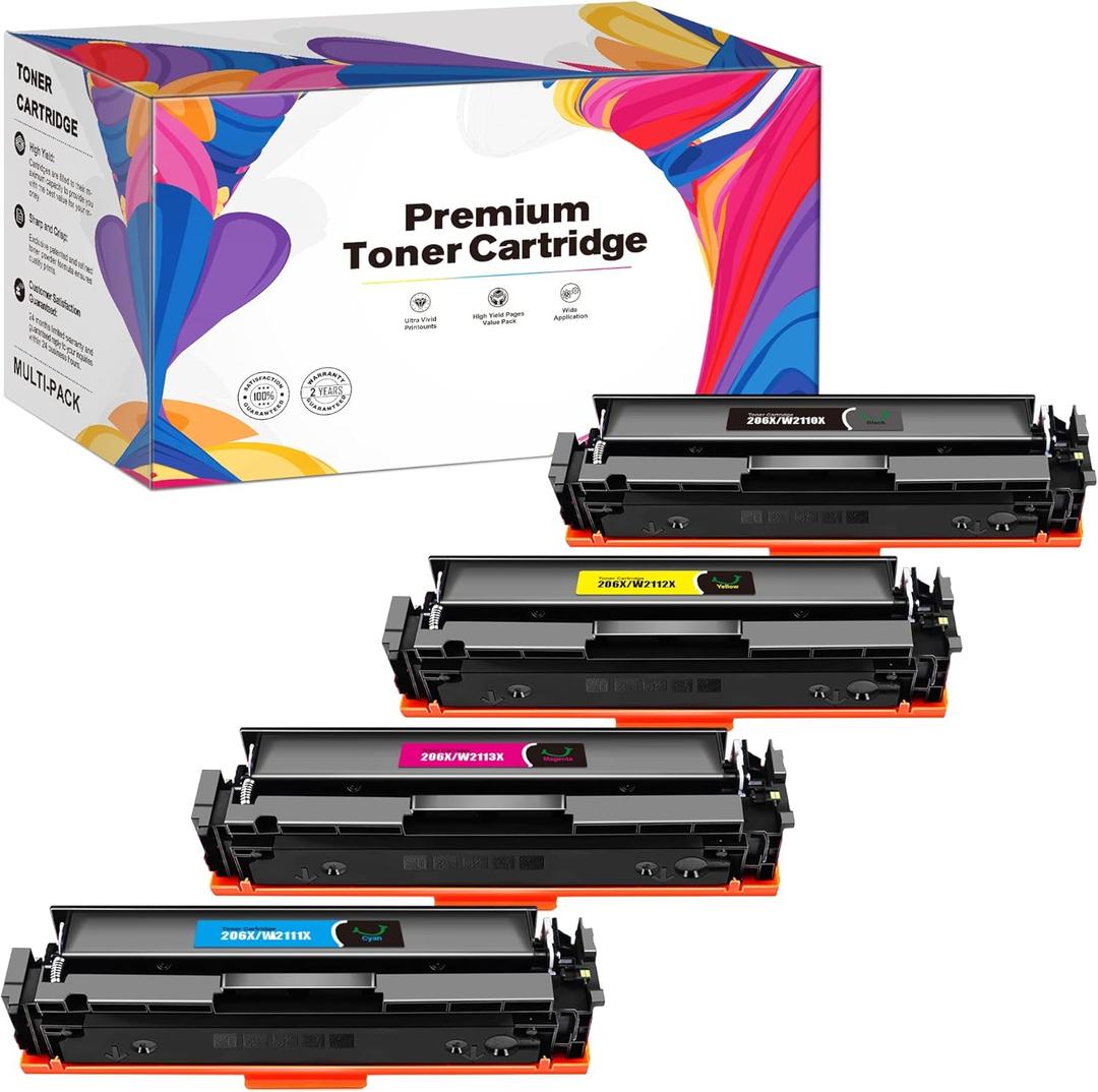 206X Toner Cartridges 4 Pack High Capacity Set (with Chip) Compatible Replacement for HP 206X 206A Color Pro MFP M283fdw M255dw M283cdw M283 Printer W2110X W2110A Ink (Black Cyan Yellow Magenta)