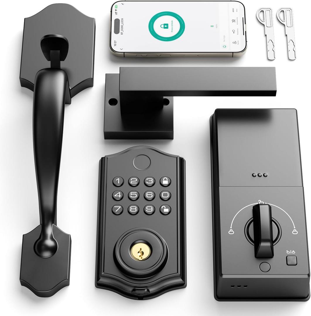 Smart Front Door Lock Set, APP Control Keyless Entry Door Lock with Handle, Smart Fingerprint Deadbolt, Anti-Peeping Electronic Keypad, Auto Lock, Easy Install, Black (Black)