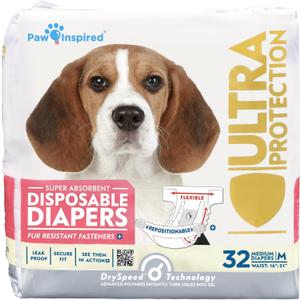 Paw Inspired 32ct Disposable Dog Diapers | Female Dog Diapers Ultra Protection | Diapers for Dogs in Heat, Excitable Urination, or Incontinence (Medium)