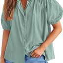 PRETTYGARDEN Women's 2026 Summer Button Down Shirts Short Lantern Sleeve V Neck Cotton Cute Tops Dressy Casual Blouses (S)