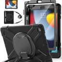 BATYUE for iPad 9th/ 8th/ 7th Generation Case (iPad 10.2 inch Rugged Case 2021/2020/2019) with Screen Protector, Rotating Stand/Pencil Holder/Carrying Shoulder Strap (Black)