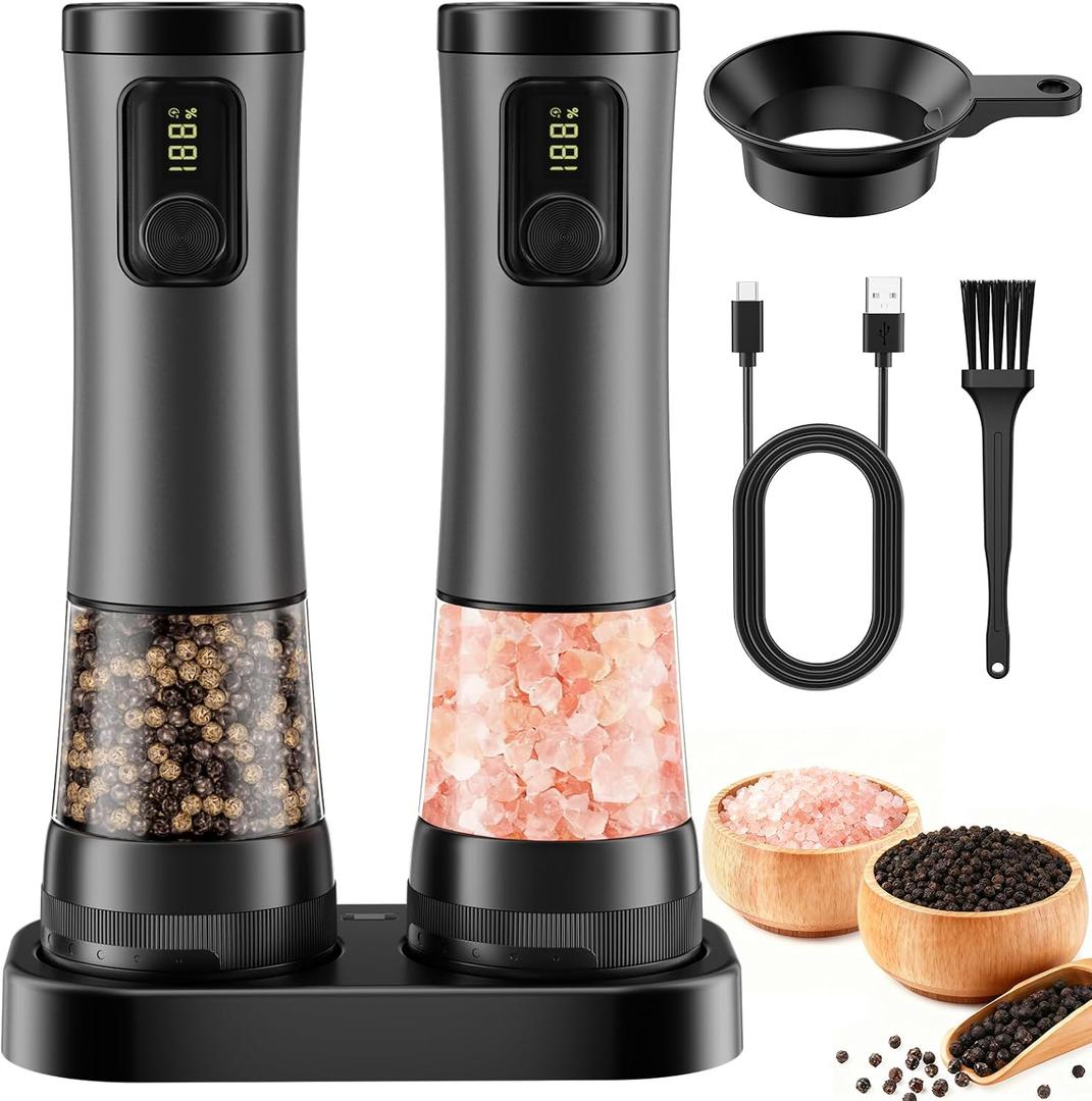 Electric Salt and Pepper Grinder Set - Rechargeable Salt Grinder with Led Power Display - Automatic Pepper Grinder with Storage Base - Pepper Mill with Light for Kitchen (Gray)