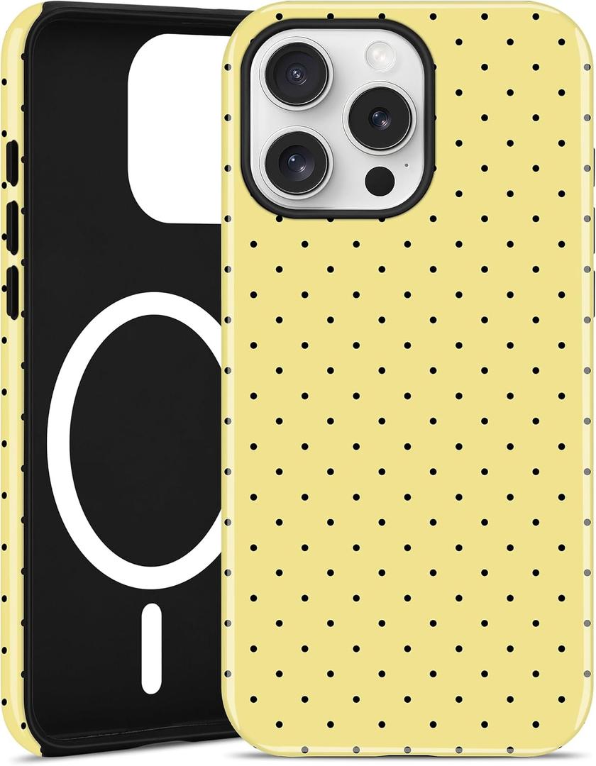 Magnetic Polka Dot Phone Case for iPhone 15 Pro Max, Compatible with MagSafe, Cute Yellow Polka Dots Aesthetic Soft TPU and Hard PC Shockproof Protective Phone Cover for Women Girls-Shiny