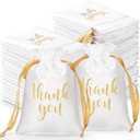 Roowest 100 Pcs Thank You Satin Gift Bags Drawstring Jewelry Candy Pouches for Wedding Bridal Shower Baby Shower Favor Drawstring Bag for Birthday Holiday Party(5 x 7 Inch,White)