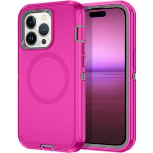 I-HONVA for iPhone 14 Pro Case [Compatible with MagSafe] Shockproof 3-Layer Full Body Protection Rugged Heavy Duty Cover Case for Apple iPhone 14 Pro 6.1",Rose Red/Grey