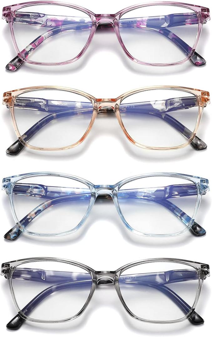 JAWSOCK 4 Pack Reading Glasses Blue Light Blocking for Women Men,Fashion Square Computer Readers with Spring Hinge,Anti Eyestrain Eyeglasses(1.0x)