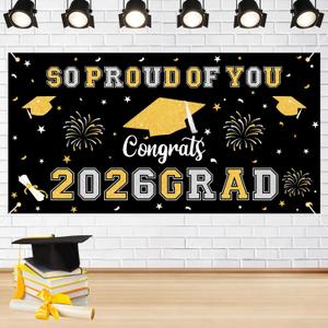 6 x Graduation Decorations 2026 Black Gold Graduation Banner 66.1" x 33.8" Graduation Backdrop Congrats Grad Banner for Outdoor Indoor High School College Class of 2026 Graduation Party Decorations Supplies