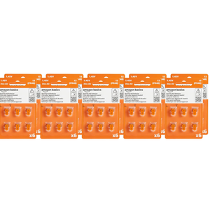 Amazon Basics 60-Pack Size 675 Zinc-Air Hearing Aid Batteries, 1.45 Volt, Orange Tab, 4-Year Shelf Life, Mercury Free, Child-Safe Package (Use Scissors to Open)