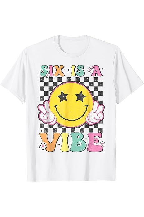 "Six Is A Vibe" 10th Birthday Groovy Smile Face BLUE , 10 Years Old