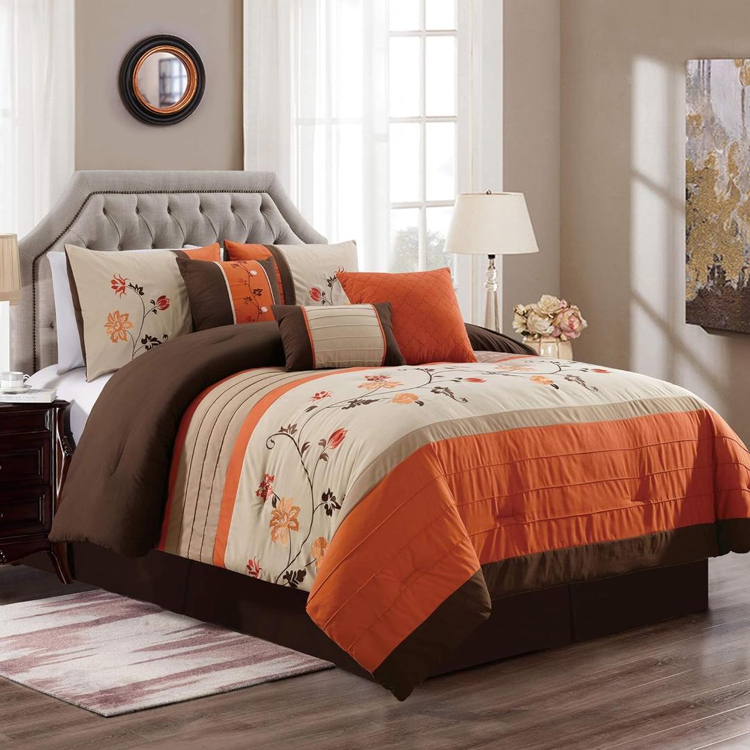Chezmoi Collection Serene 7-Piece Luxury Autumn Floral Embroidery Comforter Set, Queen, Orange/Brown/Taupe | Lightweight