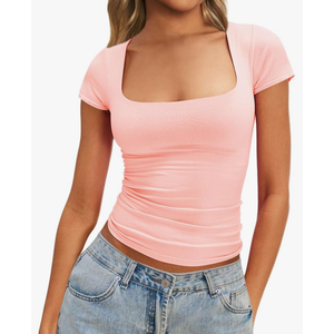 Womens Square Neck Going Out Tops Crop Short Sleeve T Shirts Trendy Summer Y2k Double Lined Fitted Basic Tees. Size XL
