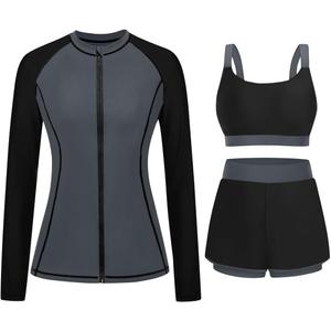 Gray and Black 3 Piece Rash Guard for Women - Long Sleeve Swimsuits with Shorts SPF Zip up Swim Shirt with Built in Bra, S