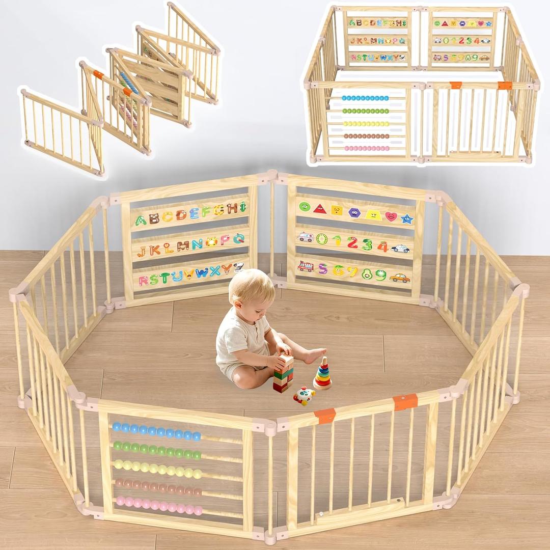 Foldable Wooden Baby Playpen with Gate, Wood Baby Play Pen Play Yard with Educational Abacus, Alphabet Board, Shape Color Board & Child Proof Lock, Wood Playpen for Babies and Toddlers 575723 inch
