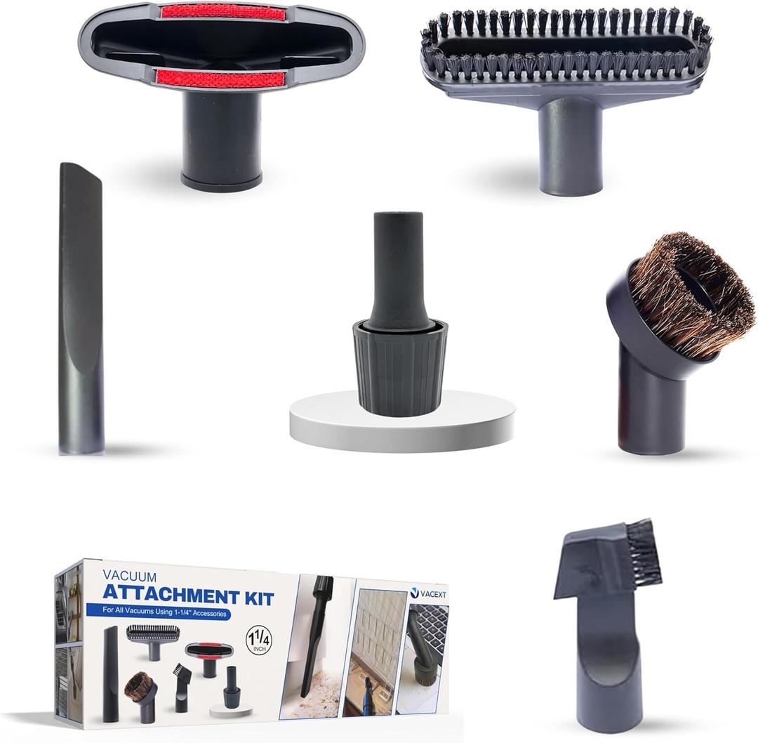 1.25 Inch Vacuum Brush Attachment Kit Compatible with All Vacuums Using 1-1/4'' Accessories - 1.25'' Shop Vac Accessories: Horse Hair Dust Brush, Vacuum Extension Wand and More (6 Pack)