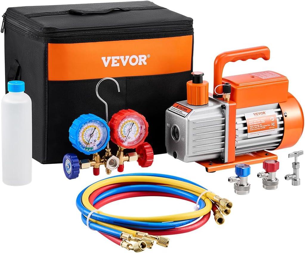 VEVOR 3.5 CFM AC Vacuum Pump and Gauge Set, Single Stage Rotary Vane HVAC Air Vacuum Pump, A/C Refrigerant Manifold Gauge Kit, with Hoses, Air Conditioning Refrigeration for R134a, R12, R22, R502a