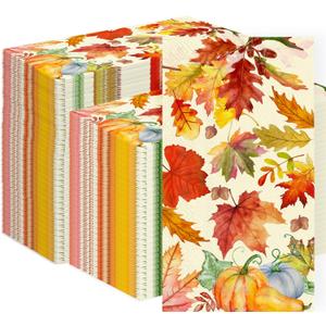 Fall and Thanksgiving Paper Napkins Disposable: Guest Dinner Hand Towels, Cocktail Party Decorations, Autumn Maple Leaves and Pumpkin Pattern (4.3x7.9 Inches, 100, Count)