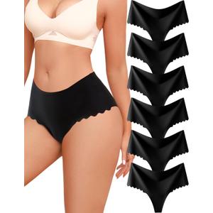 Thongs for Womens High Waisted Seamless Underwear for Women 6 Pack Wave Edge No Show Sexy Panties (Large)