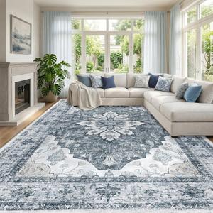 RELEANY Washable Area Rug, Large 9'x12', Grey/White/Beige