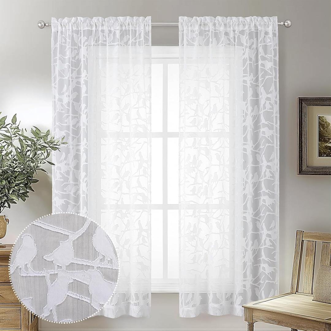 OVZME White Sheer Curtains 63 Inch Length 2 Panel Set, Light Filtering Bedroom Curtains with Dual Rod Pocket Top, Leaf Bird Clip Jacquard Sheer Farmhouse Window Drapes for Living Room, 2x38Wx63L